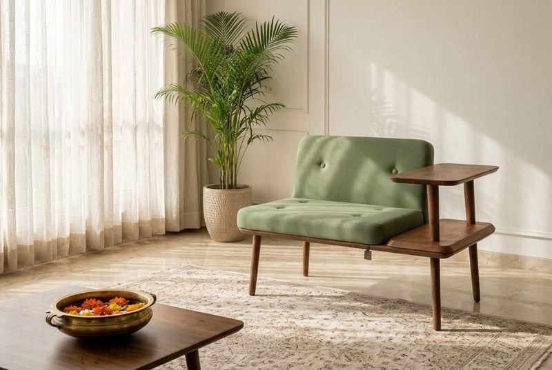 Sage settee with side table in a styled room