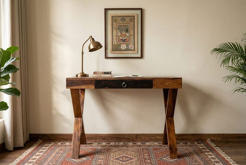 Scissor x-leg desk in a styled room