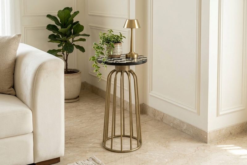 Spool side table in a styled room