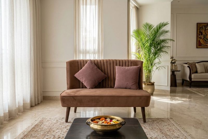 Tan loveseat in a styled room