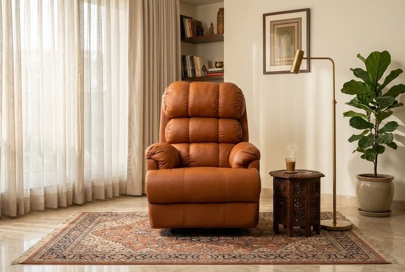Tangerine leather recliner in a styled room