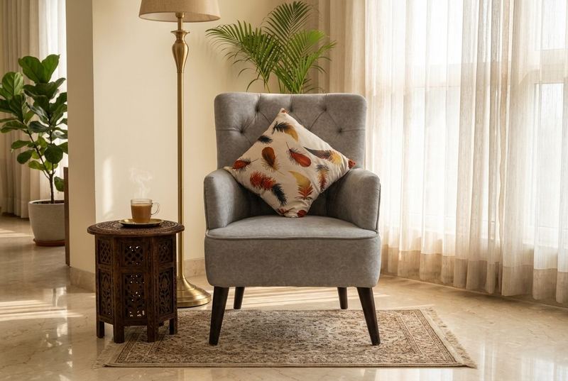 Taupe wingback chair in a styled room
