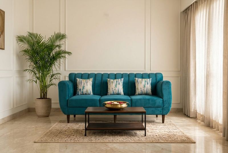 Teal channel-back sofa in a styled room