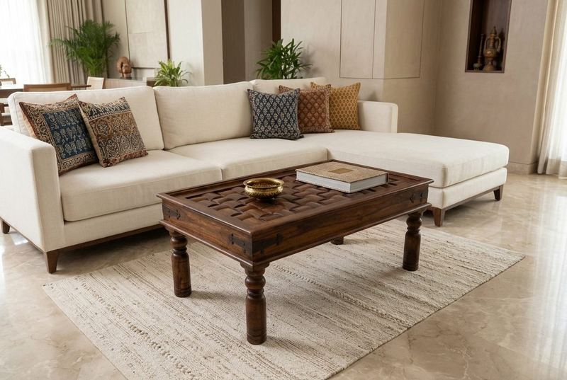 Trellis carved coffee table in a styled room